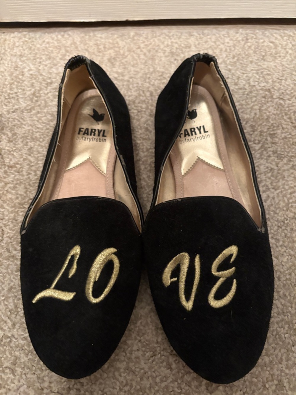 Black 'LOVE' Embroidered Suede Flats Faryl smoking flats 7